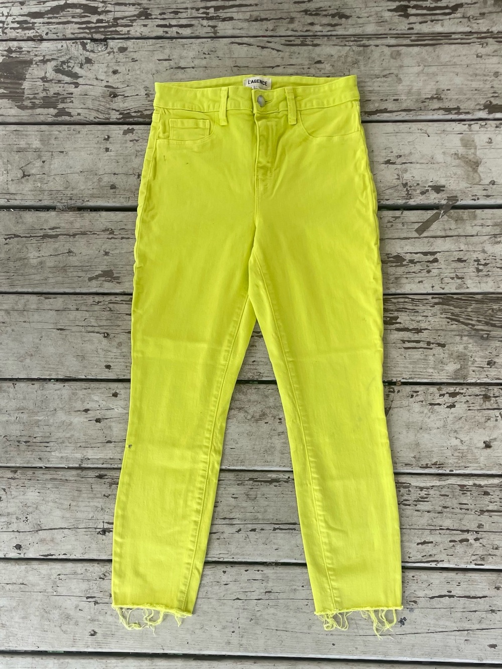 L'AGENCE Margot High-Rise Cropped Skinny Jeans Neon Yellow Citron Size 27
